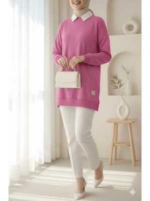 Crew Neck Slit Sweatshirt  -Pink