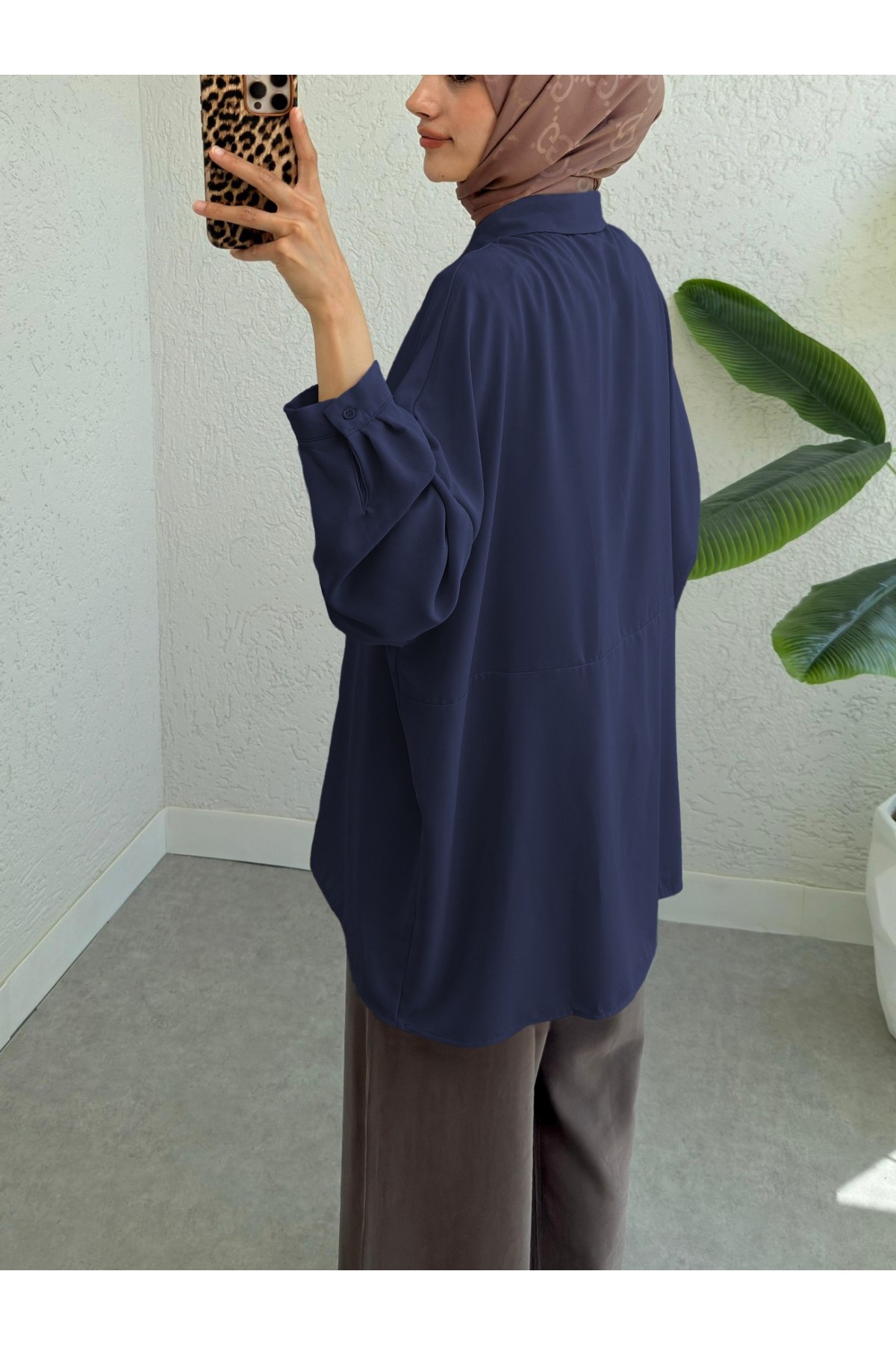 Hidden Buttoned Casual Long Back Imported Tril Shirt-Navy blue