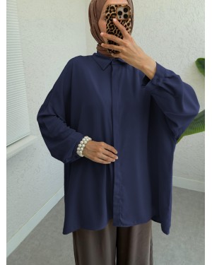 Hidden Buttoned Casual Long Back Imported Tril Shirt-Navy blue