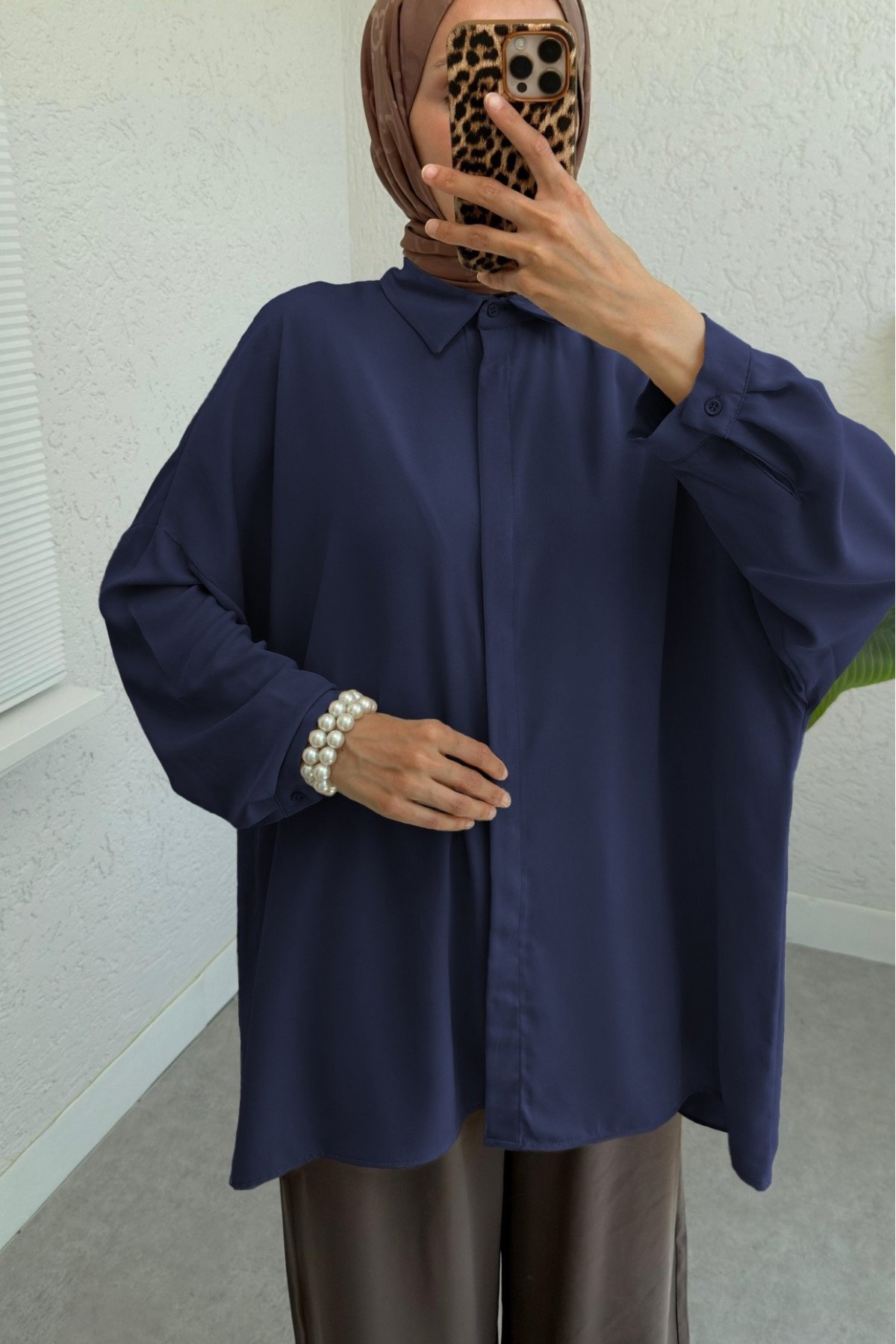 Hidden Buttoned Casual Long Back Imported Tril Shirt-Navy blue