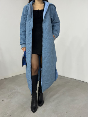 Kapşonlu Astarlı Kapitone Kap -Mavi