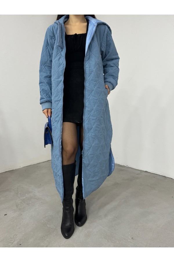 Hooded Lined Quilted Cap -Blue