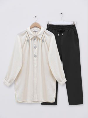 Stone Detailed Buttoned Pocket Shirt -Ecru