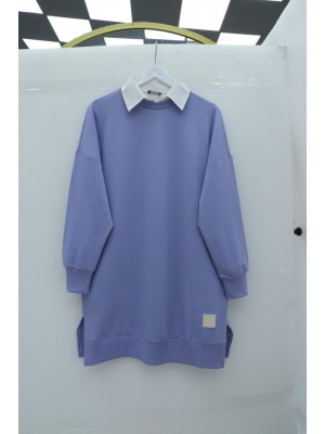 Bisiklet Yaka Yırtmaçlı Armalı Sweat  -Açık Lila