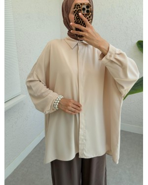 Hidden Buttoned Casual Long Back Imported Tril Shirt- Beige