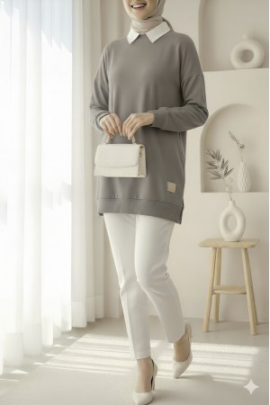 طاقم الرقبة الشق البلوز     -اللون الرمادي