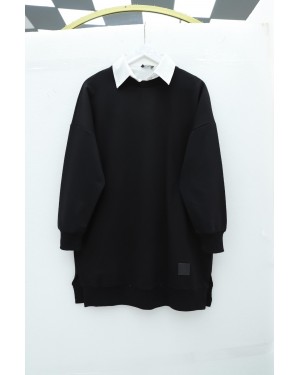 Crew Neck Slit Sweatshirt -Black