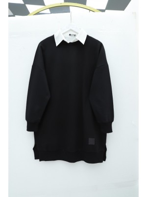 Bisiklet Yaka Yırtmaçlı Armalı Sweat -Siyah