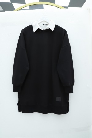 Bisiklet Yaka Yırtmaçlı Armalı Sweat -Siyah