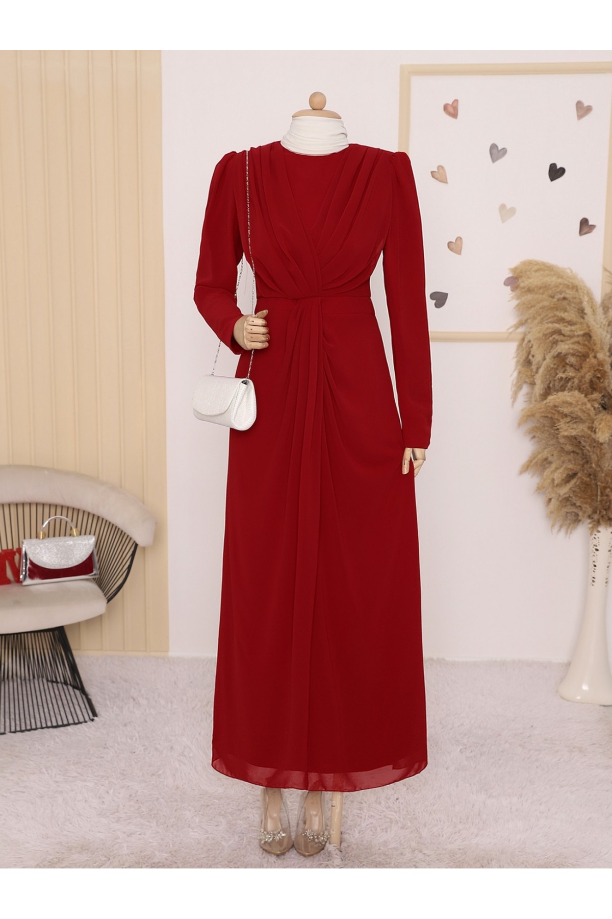 Bisiklet Yaka Drape Detaylı Şifon Abiye -Kırmızı
