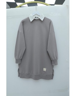 Crew Neck Slit Sweatshirt     -Grey