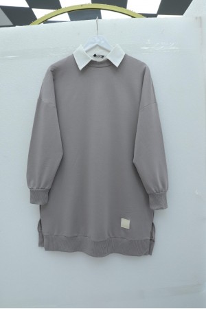 Bisiklet Yaka Yırtmaçlı Armalı Sweat     -Gri