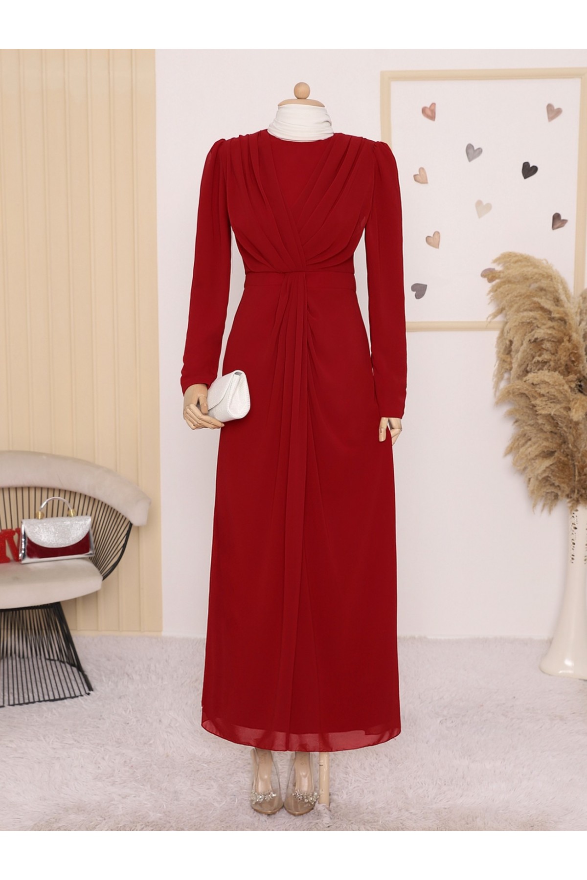 Bisiklet Yaka Drape Detaylı Şifon Abiye -Kırmızı