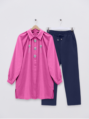 Stone Detailed Buttoned Pocket Shirt -Fuchsia