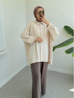 Gizli Düğmeli Salaş Arkası Uzun İthal Tril Gömlek-Bej