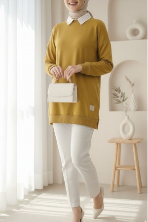 Bisiklet Yaka Yırtmaçlı Armalı Sweat  -Yağ Yeşili