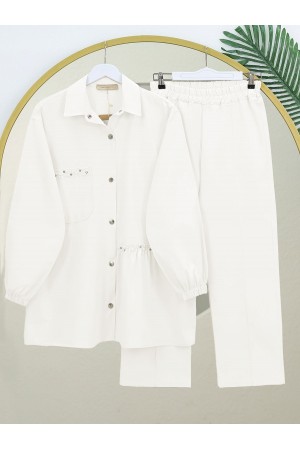 İnci Detaylı Çıtçıtlı Yıkamalı Pamuk Gabardin Takım -Beyaz