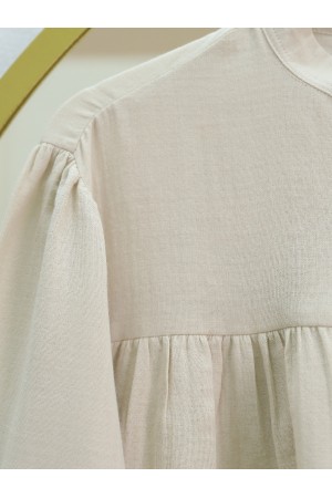 Oval Cut Stand Collar Blouse Skirt Muslin Set -Stone