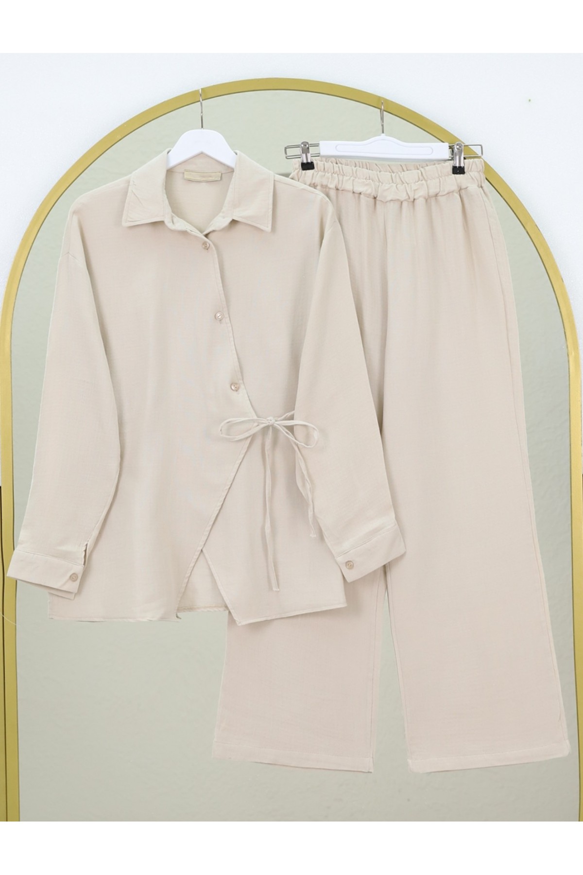 Cross Buttoned Double Laced Muslin Set -Stone
