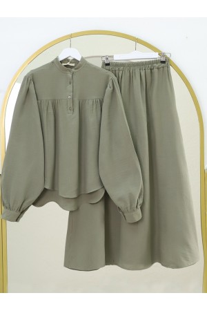 Oval Kesim Dik Yaka Bluz Etek Müslin Takım -Haki