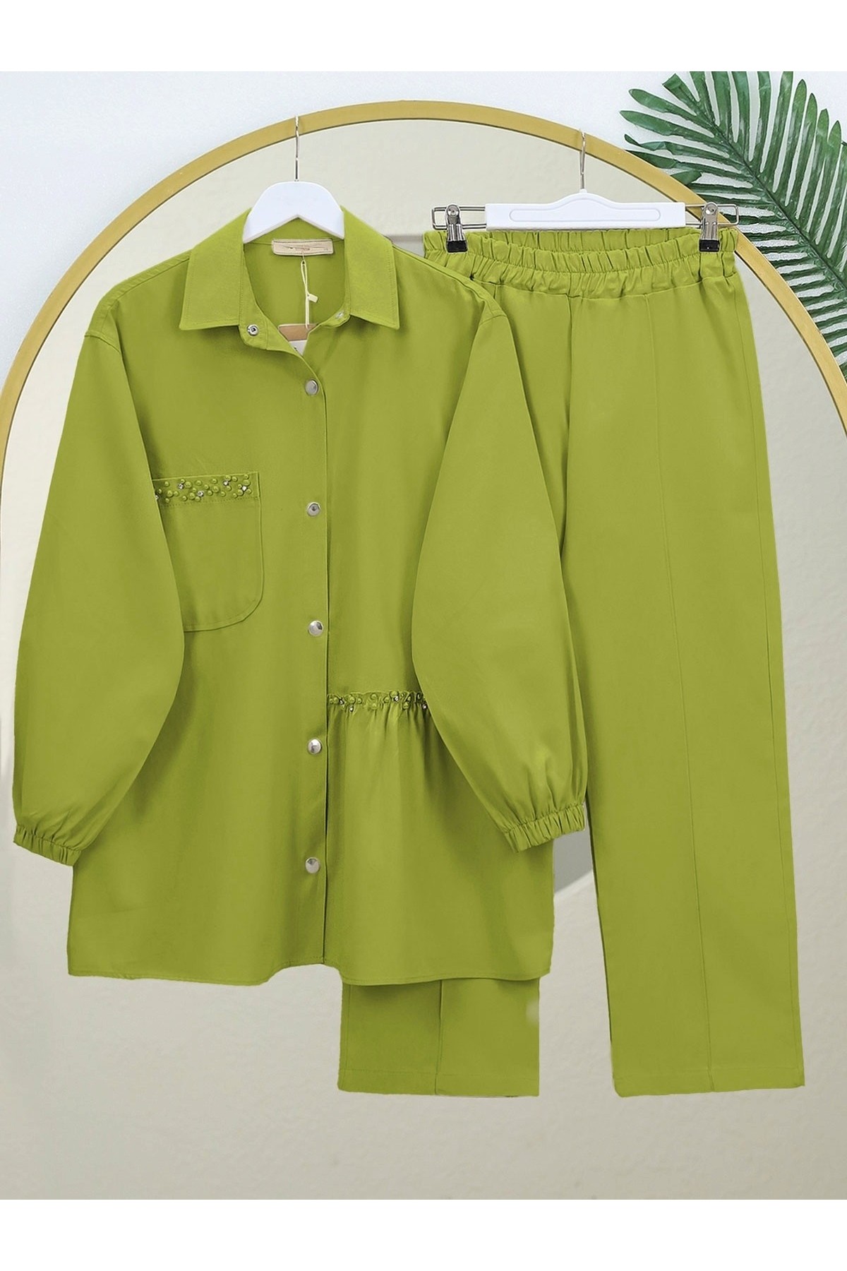 Pearl Detailed Snap-Front Washed Cotton Gabardine Suit -PISTACHIO GREEN