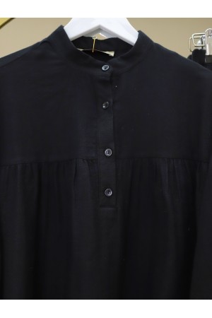 Oval Cut Stand Collar Blouse Skirt Muslin Set -Black