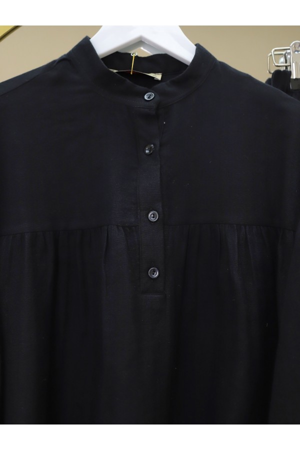 Oval Cut Stand Collar Blouse Skirt Muslin Set -Black