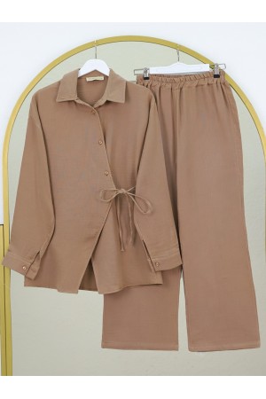 Çapraz Düğmeli Çift Bağcıklı Müslin Takım -Vizon