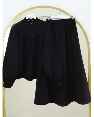 Oval Kesim Dik Yaka Bluz Etek Müslin Takım -Siyah