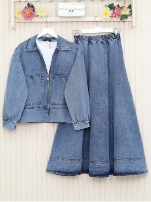 Yanı Düğmeli Fermuarlı Etekli Kot Takım -Buz Mavi