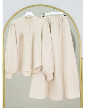 Oval Kesim Dik Yaka Bluz Etek Müslin Takım -Taş