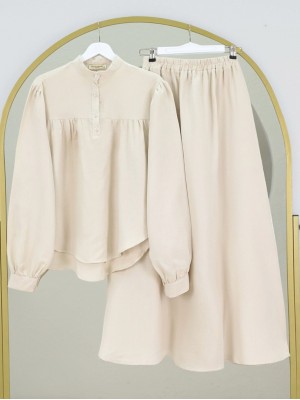 Oval Kesim Dik Yaka Bluz Etek Müslin Takım -Taş