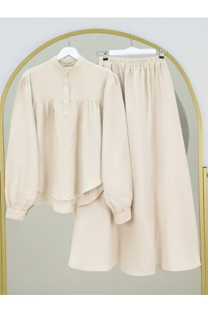 Oval Kesim Dik Yaka Bluz Etek Müslin Takım -Taş
