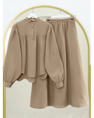 Oval Cut Stand Collar Blouse Skirt Muslin Set -Light coffee
