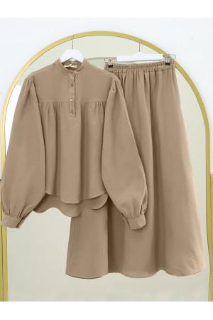 Oval Kesim Dik Yaka Bluz Etek Müslin Takım -Açık Kahve