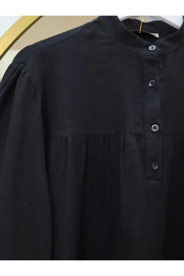 Oval Cut Stand Collar Blouse Skirt Muslin Set -Black