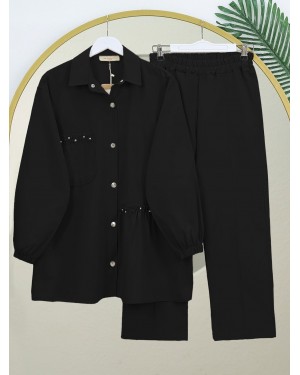 Pearl Detailed Snap-Front Washed Cotton Gabardine Suit -Black