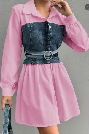 Kot Detaylı Kemerli Gömlek Tunik -Pembe