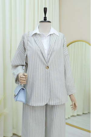 Back Slit Linen Jacket Wide Leg Trousers Set -Blue