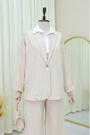 Back Slit Linen Jacket Wide Leg Trousers Set -Mink color