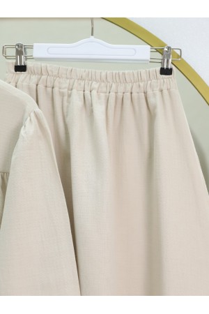 Oval Cut Stand Collar Blouse Skirt Muslin Set -Stone