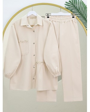 Pearl Detailed Snap-Front Washed Cotton Gabardine Suit - Beige