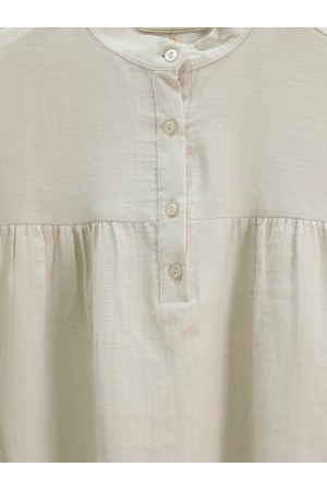 Oval Cut Stand Collar Blouse Skirt Muslin Set -Stone