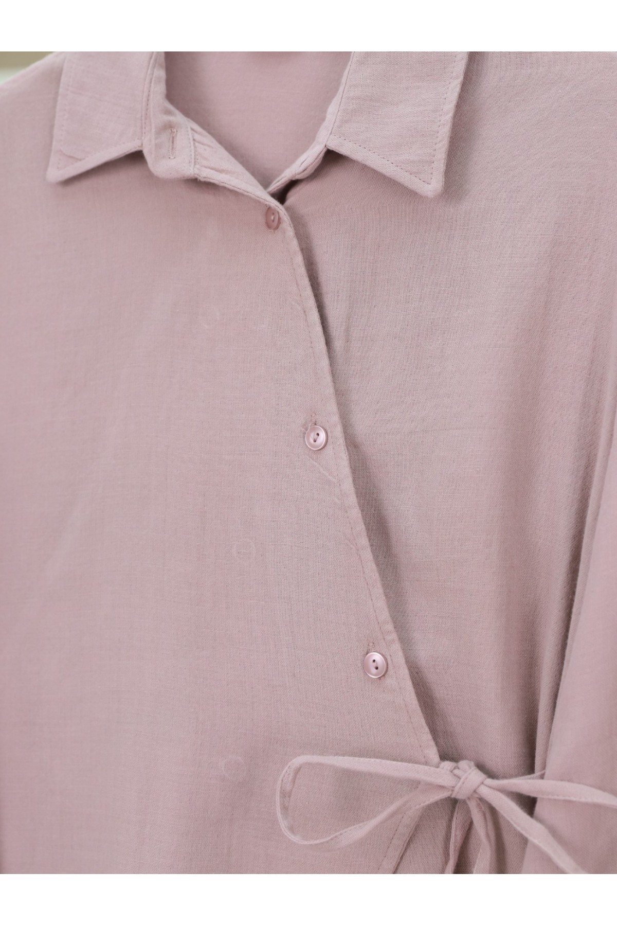 Cross Buttoned Double Laced Muslin Set -Powder