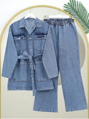 Beli Bağcıklı Torba Cepli Kot Takım -Buz Mavi