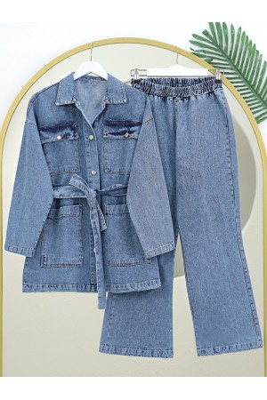 Waist Tie Pouch Pocket Denim Set -Ice Blue