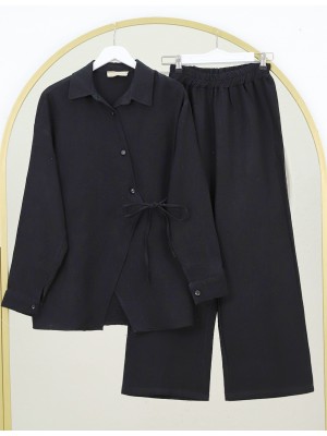 Çapraz Düğmeli Çift Bağcıklı Müslin Takım -Siyah