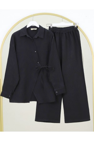 Çapraz Düğmeli Çift Bağcıklı Müslin Takım -Siyah