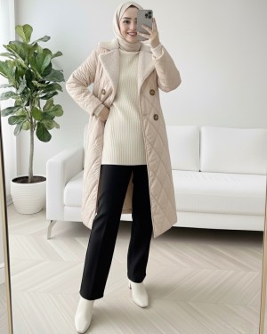 Fur Collar, Belted Waist, Buttoned, Lined, Quilted Coat -Stone