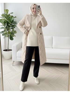 Yakası Kürklü Beli Kemerli Düğmeli Astarlı Kapitone Mont -Taş